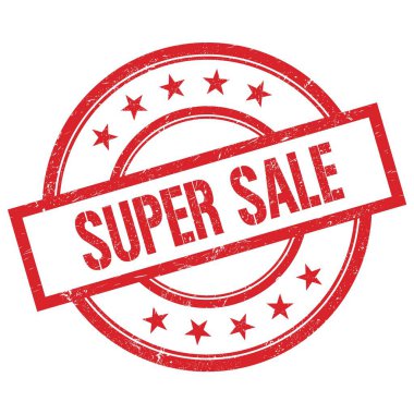 Kırmızı, yuvarlak, lastik damgalı süper satış metni..