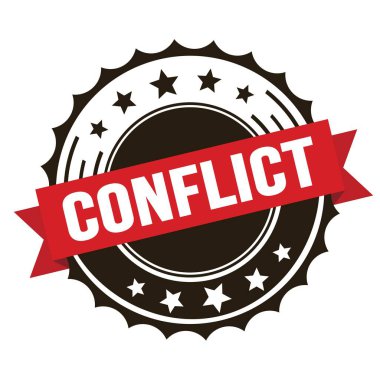 Kırmızı kahverengi rozet damgalı CONFLICT metin.