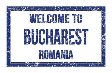 BUCHAREST 'a Hoşgeldiniz - ROMANIA, mavi dikdörtgen posta pulu üzerine yazılmış kelimeler