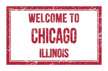 Chicago 'ya Hoş Geldiniz - Illinois, kırmızı dikdörtgen posta puluna yazılmış kelimeler