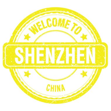 SHENZHEN-ÇİN 'e Hoşgeldiniz, Sarı grungy pulu üzerine yazılmış kelimeler