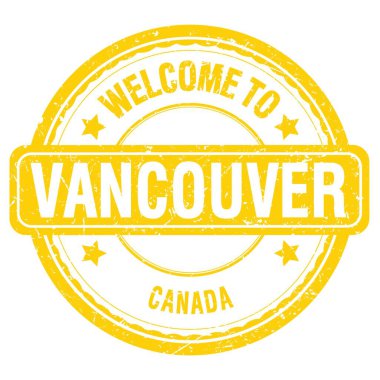 VANCOUVER 'a Hoşgeldiniz - Kanada, sarı grungy pulu üzerine yazılmış kelimeler