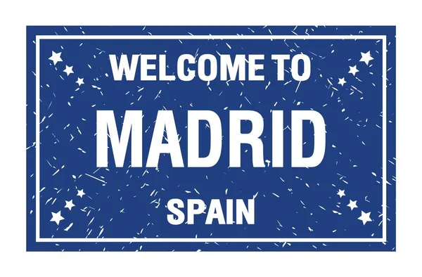 Willkommen Madrid Spanien Worte Auf Blauem Rechteck Flaggenstempel Geschrieben — Stockfoto