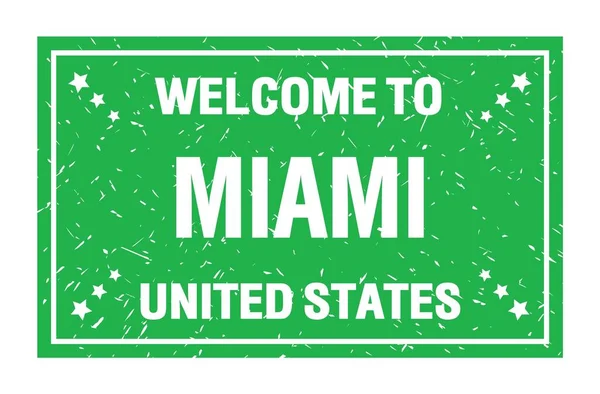 Welcome Miami Zjednoczone Państwa Napis Znaczku Zielonej Flagi Prostokąta — Zdjęcie stockowe