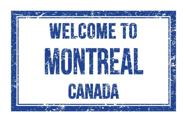 Montreal Hoşgeldiniz Kanada Mavi Dikdörtgen Posta Pulu Üzerine Yazılmış Kelimeler — Stok fotoğraf