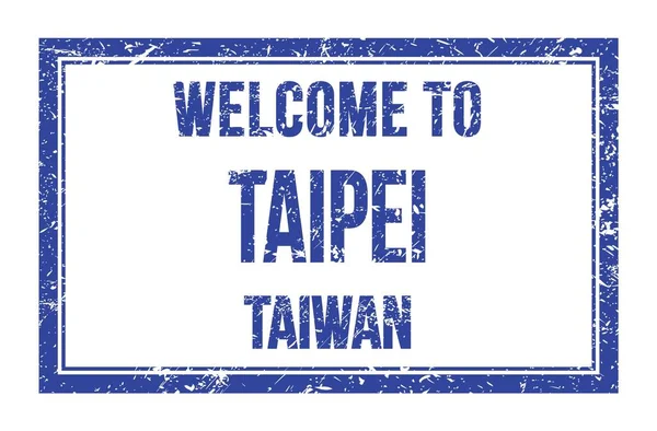 Welkom Taipei Taiwan Woorden Geschreven Blauwe Rechthoek Postzegel — Stockfoto