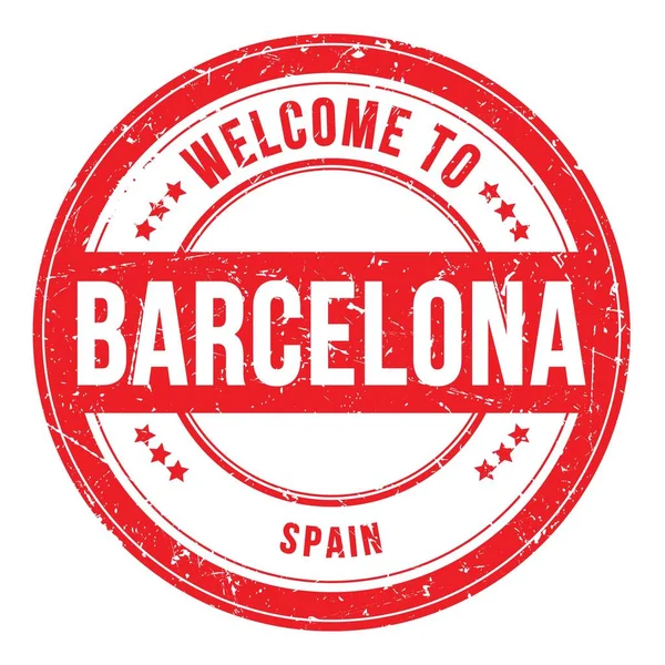 Bem Vindo Barcelona Espanha Palavras Escritas Carimbo Moeda Vermelha Redonda — Fotografia de Stock
