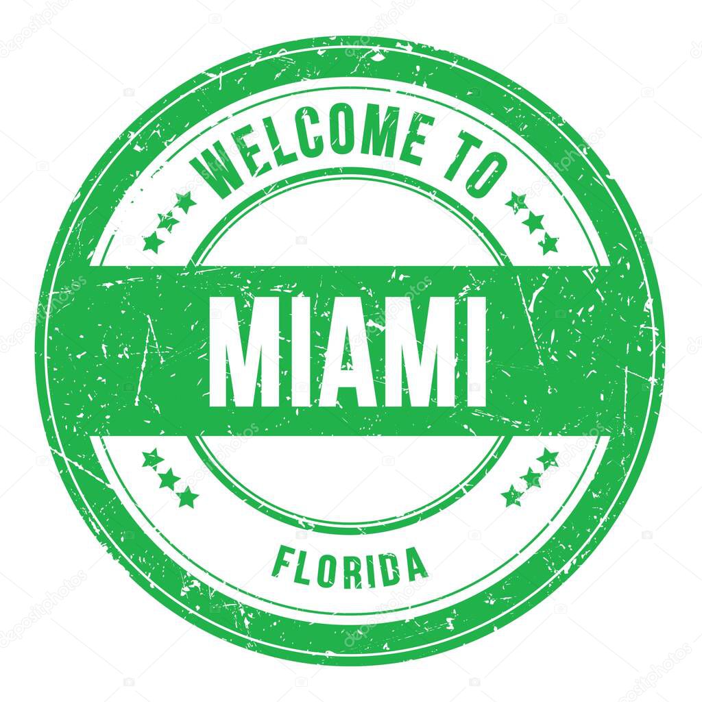 WELCOME TO MIAMI - FLORIDA, words written on green round coin stamp