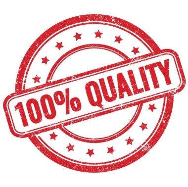 Kırmızı, eski, pasaklı, yuvarlak kauçuk damga üzerine% 100 nicelik metni.