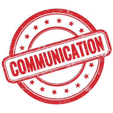 Kırmızı, eski, kirli, yuvarlak, lastik damgalı COMUNICATION metni.