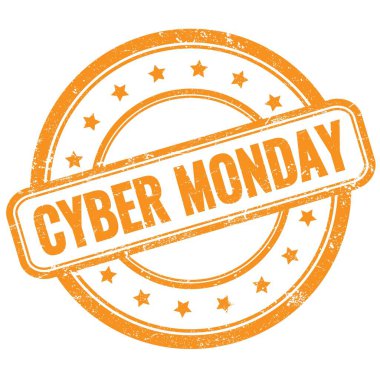 CYBER Pazartesi metni turuncu, eski, pasaklı, yuvarlak lastik damga üzerine.