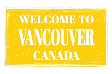VANCOUVER 'a Hoşgeldiniz - Kanada, sarı dikdörtgen posta pulu üzerine yazılmış kelimeler