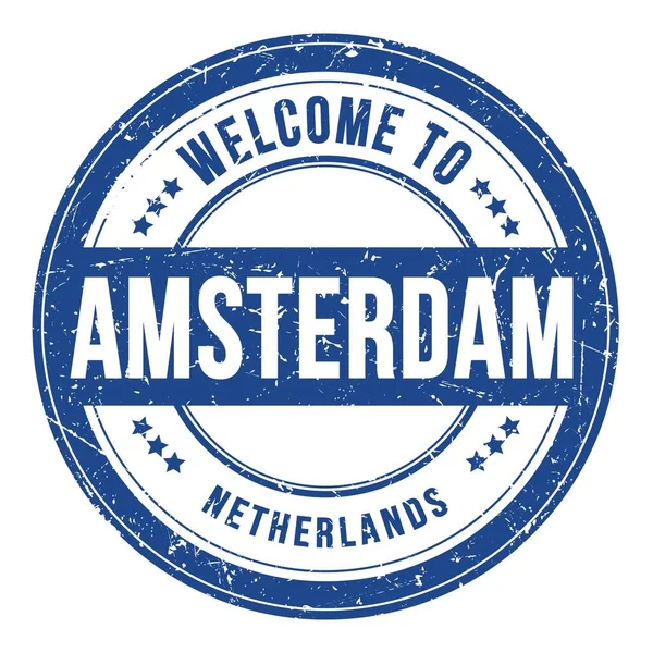 Welkom Naar Amsterdam Nederland Woorden Geschreven Blauwe Ronde Muntstempel — Stockfoto