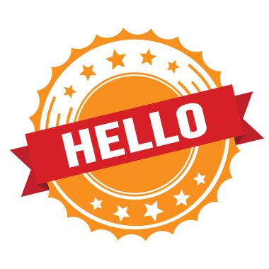 Kırmızı turuncu rozet damgalı Hello metni.