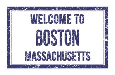 BOSTON 'a Hoş Geldiniz - Massachusetts, Mavi dikdörtgen posta puluna yazılmış kelimeler