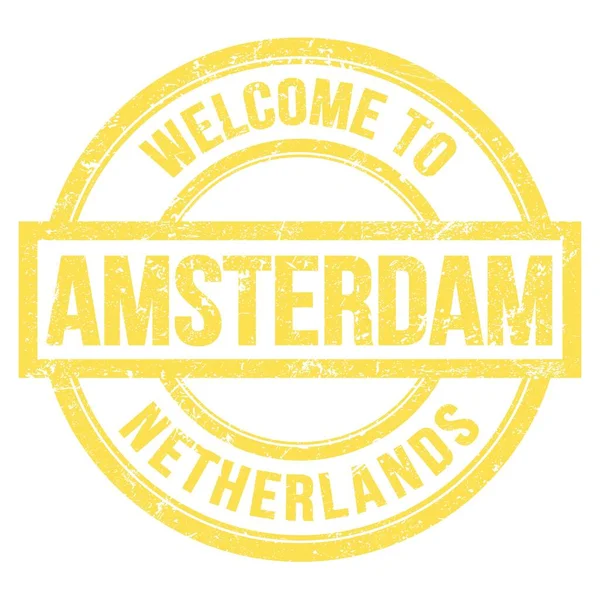 Willkommen Amsterdam Niederlande Worte Auf Orangefarbener Runder Einfacher Briefmarke Geschrieben — Stockfoto