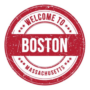 BOSTON 'a Hoşgeldiniz - MASSACHUSETTS, kırmızı yuvarlak bozuk para damgası üzerine yazılmış kelimeler