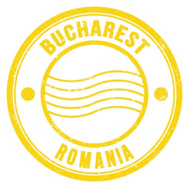 BUCHAREST - ROMANIA, Sarı yuvarlak posta puluna yazılmış kelimeler