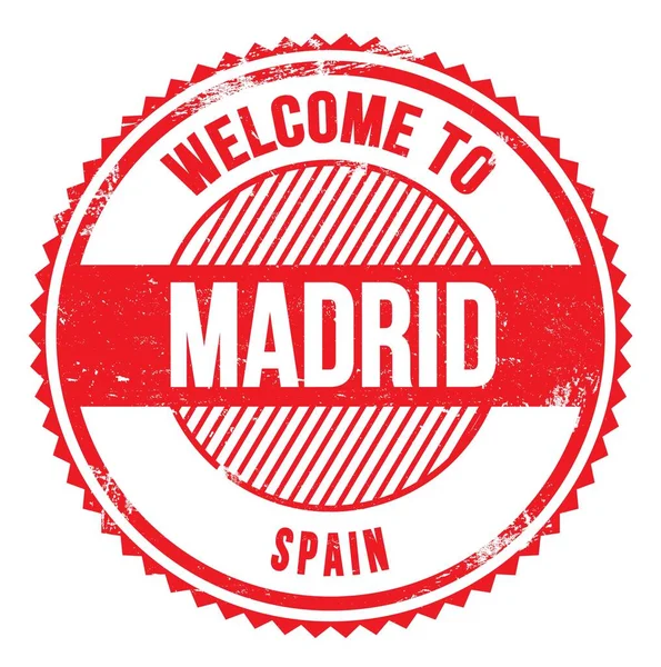 Madrid Hoşgeldiniz Spanya Kırmızı Zig Zag Damgası Üzerine Yazılmış Kelimeler — Stok fotoğraf