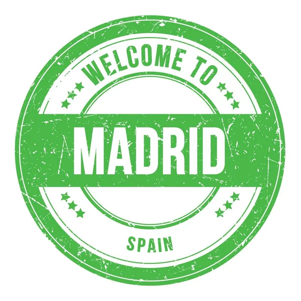 Benvenuti Madrid Spagna Parole Scritte Sul Francobollo Verde Rotondo — Foto Stock