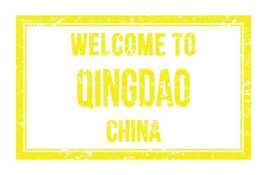 QINGDAO-ÇİN 'a Hoş Geldiniz, Sarı dikdörtgen posta pulunda yazılı kelimeler