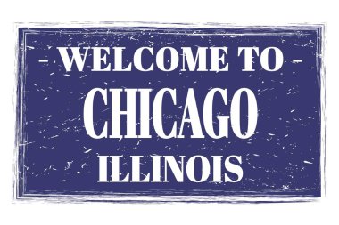 Chicago 'ya Hoş Geldiniz - Illinois, Mavi dikdörtgen posta pulu üzerine yazılmış kelimeler