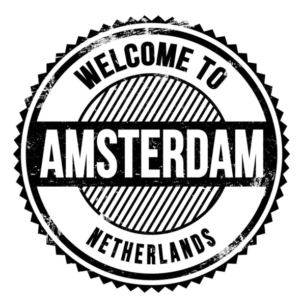 Vítejte Amsterdamu Nizozemsko Slova Napsaná Černém Klikatém Razítku — Stock fotografie