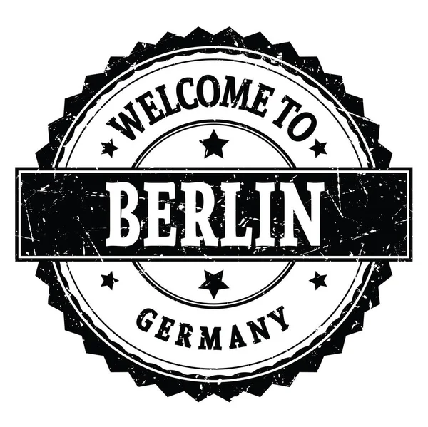 欢迎来到柏林 写在黑色圆形锯齿状邮票上的文字 — 图库照片