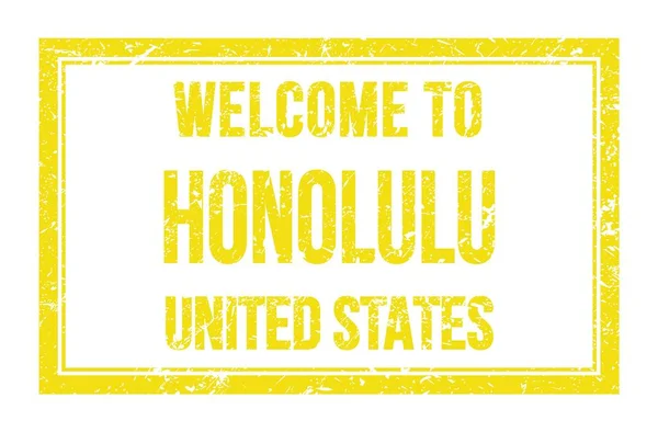 Bienvenidos Honolulu Estados Unidos Palabras Escritas Sello Postal Rectángulo Amarillo — Foto de Stock