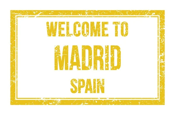 Welcome Madrid Hiszpania Napis Żółtym Prostokątnym Znaczku Pocztowym — Zdjęcie stockowe