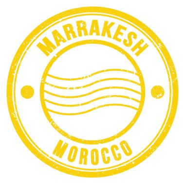 MARRAKESH - MOROCCO, sarı yuvarlak posta damgası üzerine yazılmış kelimeler