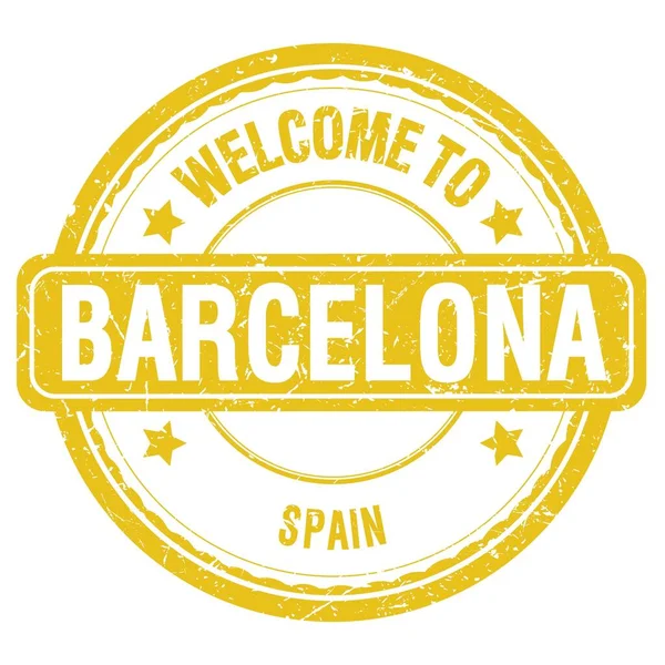 Bem Vindo Barcelona Espanha Palavras Escritas Carimbo Grungy Amarelo — Fotografia de Stock