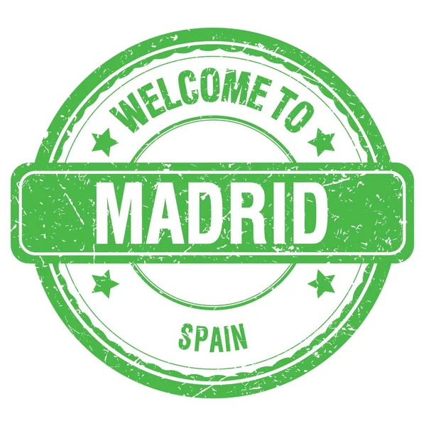 Bem Vindo Madrid Espanha Palavras Escritas Carimbo Grungy Verde — Fotografia de Stock
