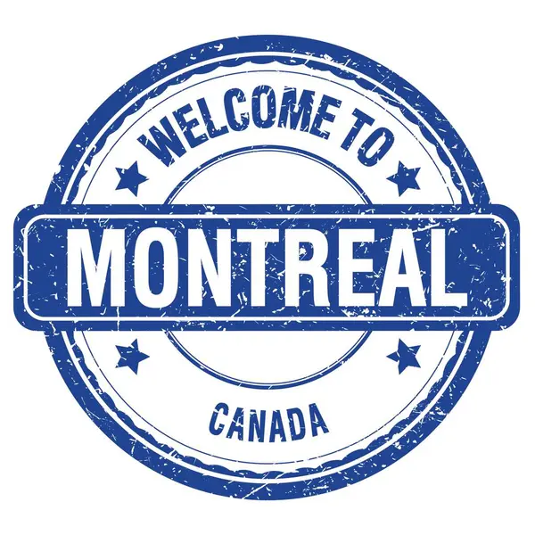Montreal Hoş Geldiniz Kanada Mavi Grungy Pulu Üzerine Yazılmış Kelimeler — Stok fotoğraf