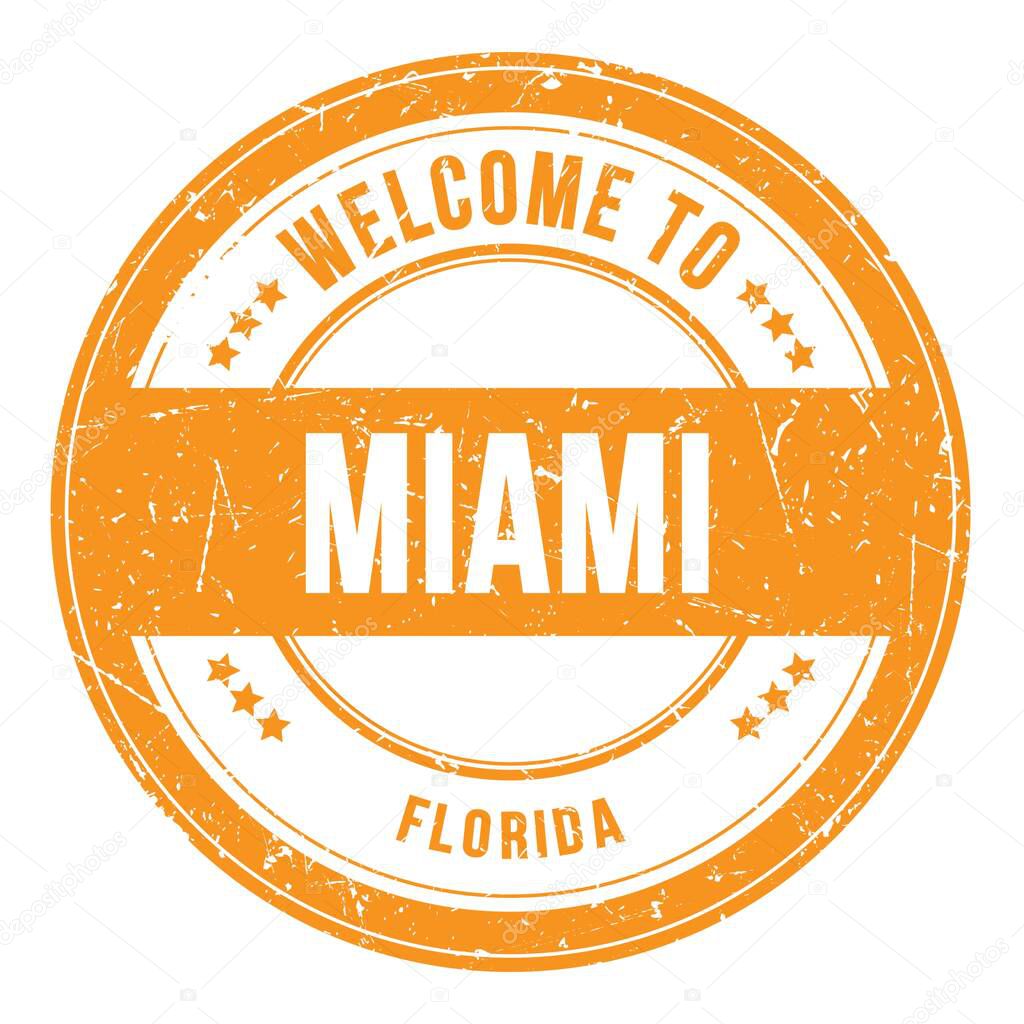 WELCOME TO MIAMI - FLORIDA, words written on orange round coin stamp