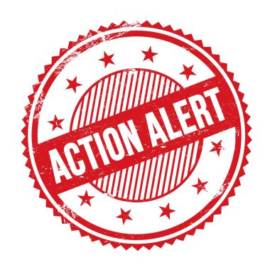Kırmızı grungy zig zag kenarları yuvarlak mühür üzerine yazılmış AcTION ALERT metin.