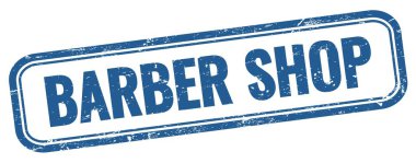 Mavi grungy vintage dikdörtgen damgalı BARBER mağaza metni.
