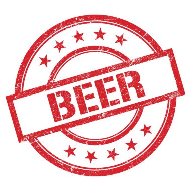 Kırmızı yuvarlak lastik damgalı bir bira metni..