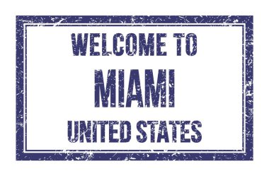 MIAMI 'ye Hoşgeldiniz - Birleşik Devletler, mavi dikdörtgen posta puluna yazılmış kelimeler