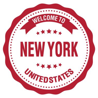 New York 'a Hoşgeldiniz - Birleşik Devletler, kırmızı yuvarlak rozet damgasında yazılı kelimeler