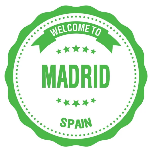 Madrid Hoşgeldiniz Spain Yeşil Yuvarlak Rozet Damgası Üzerine Yazılmış Kelimeler — Stok fotoğraf