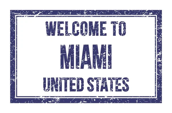 Wymaganie Miami Państwa Zjednoczone Napis Niebieskim Prostokątnym Znaczku Pocztowym — Zdjęcie stockowe