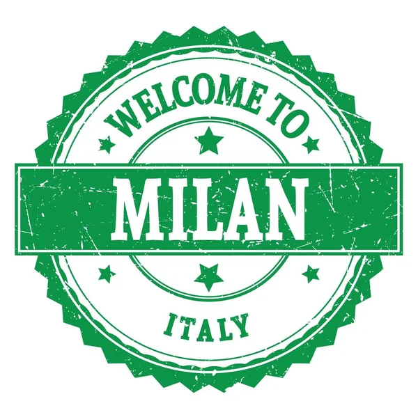Bienvenido Milán Italia Palabras Escritas Verde Ronda Zig Zag Sello — Foto de Stock