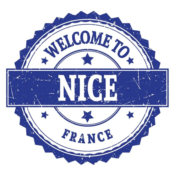 Welcome Nice Francja Napis Niebieskim Okrągłym Znaczku Zygzakowym — Zdjęcie stockowe