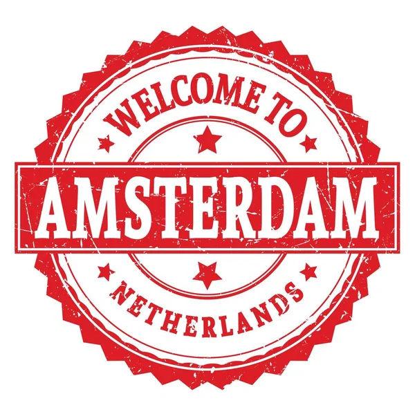 Welcome Amsterdam Netherlands Words Written Light Red Zig Zag Stamp — Stock Photo, Image