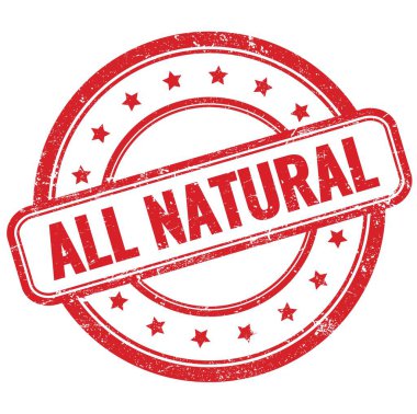 Tüm NATURAL metin kırmızı vintage grungy yuvarlak kauçuk damga.