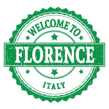 FLORENCE 'e Hoşgeldiniz - İtalya, yeşil yuvarlak zig zag damgası üzerine yazılmış kelimeler