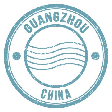 GuANGZHOU - ÇİN, açık mavi yuvarlak posta pulu üzerine yazılmış kelimeler