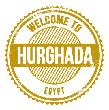 HURGHADA 'ya Hoşgeldiniz - EJİPT, koyu sarı zig zag damgası üzerine yazılmış kelimeler