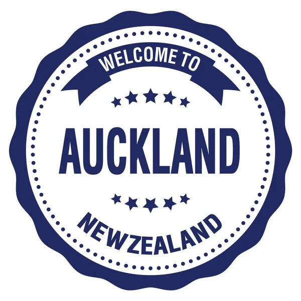 Welcome Auckland Nowość Zealandii Słowa Napisane Niebieskim Znaczku Okrągłej Odznaki — Zdjęcie stockowe